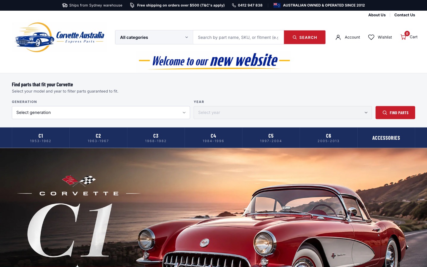 Corvette Australia Express Parts Shopify store homepage