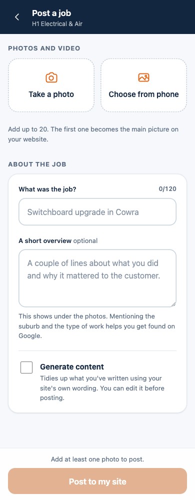 The Job Poster app on a phone, showing the post a job screen for H1 Electrical & Air