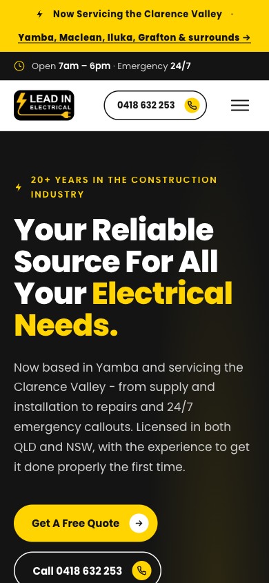 Lead In Electrical homepage on mobile after the Astro rebuild